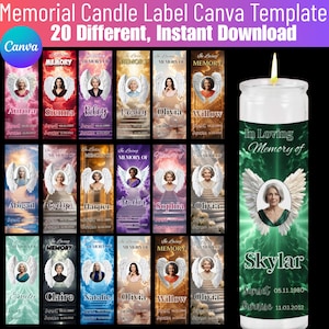 May include: A collection of memorial candle label templates with various names and dates, featuring angel wings and portraits. The image includes a lit candle with a green label that reads "In Loving Memory of Skylar". The text "20 Different, Instant Download" is also visible.