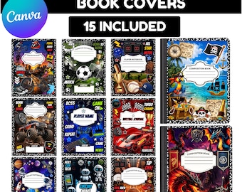 15 Composition Notebook Cover Templates, Editable Composition Book Covers, Canva Notebook Cover Bundle, School Covers for Boys