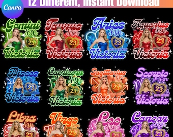 12種類の星座デザインテンプレートセット、編集可能な誕生日用星座グラフィック、占星術シャツ＆カップデザイン、Canva昇華PNGデジタルダウンロード
