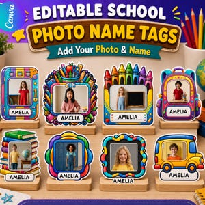 Pode incluir: Um conjunto de oito etiquetas escolares com foto, editáveis e coloridas, com designs como mochila, autocarro escolar e lápis de cor. Cada etiqueta inclui uma moldura central para uma foto e uma área branca com o nome Amelia em preto.