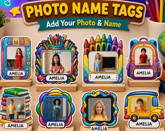 Editable School Photo Name Tags, Classroom Name Plates, Kids Desk Labels, Canva Printable, Back to School Name Tags, Student Photo Tags