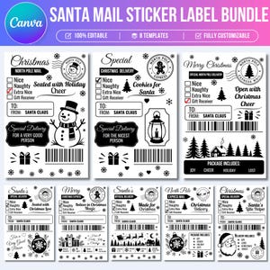 May include: A digital bundle of eight Santa mail sticker label templates featuring black and white graphics of snowmen, Christmas trees, lanterns, and Santa Claus. Each label includes checkboxes for nice or naughty lists, barcodes, and North Pole stamps.