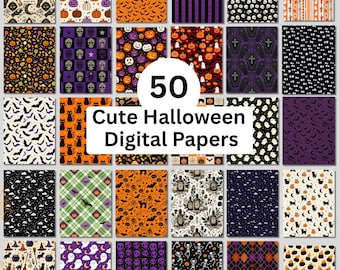 Cute Halloween Digital Papers, 50 Halloween Scrapbook Papers, Spooky Seamless Patterns, Black Purple Orange Halloween Paper Pack