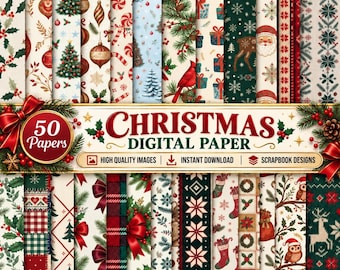 May include: A collection of 50 digital papers featuring Christmas themes including holly, ornaments, pine trees, candy canes, cardinals, Santa Claus, reindeer, snowflakes, stockings, and owls, with the text CHRISTMAS DIGITAL PAPER displayed.