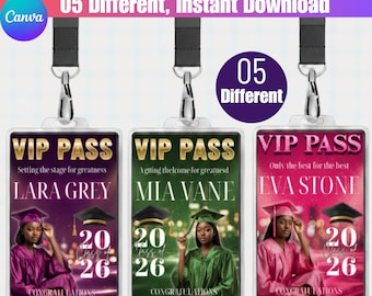 卒業式VIPパスCanvaテンプレート、2026年度卒業式編集可能バッジ、シニア写真付きIDカード、卒業パーティーアクセスパス、カスタム写真付き卒業式タグ