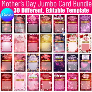 May include: A collection of 30 different Mother's Day jumbo card templates. Each card features a unique design with decorative elements like hearts, flowers, and glitter. The cards have space for personalization and the text "Mother's Day" is visible.