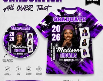 Paarse afstuderen all-over print shirt canvas sjabloon 2026, Bootleg Senior aangepaste foto AOP tshirt bewerkbaar, Class of 2026 Instant Download