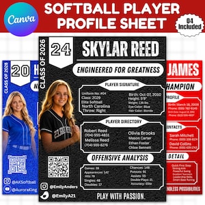 Softball Player Profile Sheet Canva Template, Sports Recruiting Resume, Athlete Stat Cards, Player Profile Bundle, Canva Editable Bundle