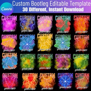 May include: A collection of 15 colorful digital design templates with the word "CUSTOM" in a bold font, each with a unique lightning bolt design and space for text. The templates are set against a black background.