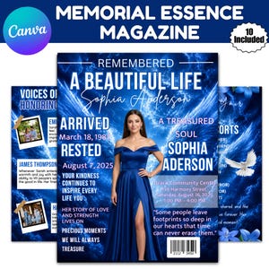 May include: A memorial magazine template featuring a blue background with clouds and wings. The cover displays the text A BEAUTIFUL LIFE, Sophia Anderson, ARRIVED March 18, 1987, RESTED August 7, 2025, and A TREASURED SOUL, with a barcode at the bottom.
