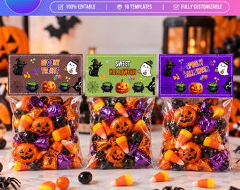 10 Halloween Treat Bag Toppers Templates, Editable Canva Halloween Favor Tags, Candy Bag Toppers, Party Favor Labels, Halloween Treat Bundle