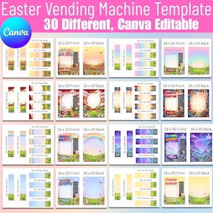 30 szablonów automatów do sprzedaży wielkanocnej, edytowalne duże kartki wielkanocne z przysmakami, animowane dekoracje na imprezę dla dzieci, cyfrowe materiały do pobrania w formacie Canva