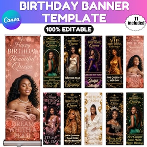 Può includere: Un set di modelli digitali per banner di compleanno con 11 design modificabili. Ogni banner verticale mostra una persona in un abito elegante, grafiche di corone dorate e testo come Happy Birthday Queen, Birthday Vibes e 100% Editable.