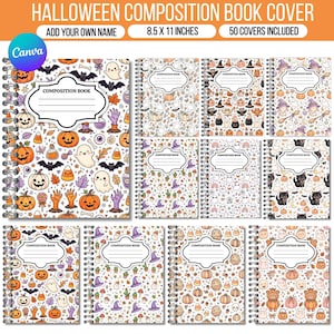 May include: A digital collection of 50 Halloween composition book covers measuring 8.5 x 11 inches. Each cover features a repeating pattern of seasonal icons like pumpkins, ghosts, bats, and candy corn, with a central label reading COMPOSITION BOOK.