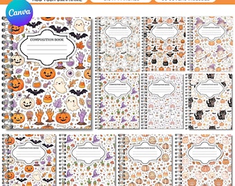 15 Halloween Composition Notebook Covers, Editable Fall School Book Cover Templates, Personalized Printable Canva Bundle, Halloween Designs