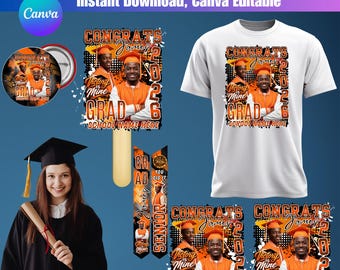 オレンジ色の卒業式2026 Canvaテンプレートバンドル、編集可能な卒業式Tシャツデザイン、写真付き扇子パドルピンボタンセット、2026年卒業生パーティー
