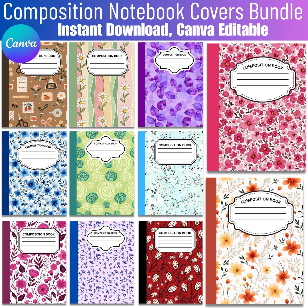Composition Notebook Covers Bundle Canva Editable, 25 Notebook Cover ...
