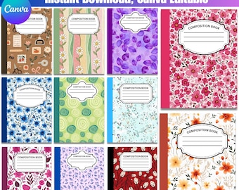 Paquete de portadas para cuadernos de composición, editables en Canva, 25 plantillas de portadas para cuadernos, portadas de diarios imprimibles, portadas bonitas para cuadernos escolares.