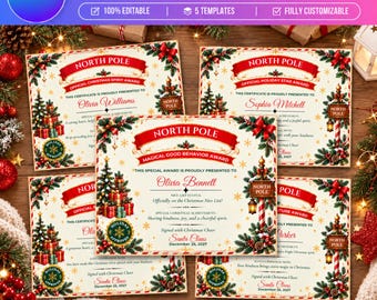5 Christmas Certificate Canva Templates, North Pole Certificates, Santa Nice List Certificate, Editable Christmas Award, Holiday Certificate