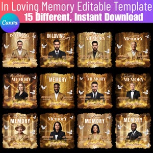 Pode incluir: Um modelo digital para cartões de memória, com 15 designs diferentes. Cada design inclui um retrato, as palavras "In Loving Memory", e espaço para um nome, data e um gráfico de nascer/pôr do sol. Download instantâneo.