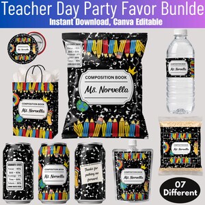 Op de afbeelding: Een verzameling cadeaus voor leraren met een thema van een compositieboek. Items zijn onder meer een tas, blikjes, een waterfles, een zakje en een snackzakje, allemaal versierd met potloden en de tekst "Ms. Norvella". De afbeelding bevat ook een knop en een label met de tekst "07 Different".