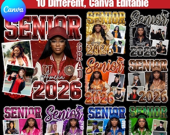 卒業式Tシャツテンプレート10枚セット、シニア2026 Canva編集可能、卒業写真コラージュシャツ、卒業式PNGテンプレート、デジタルダウンロード