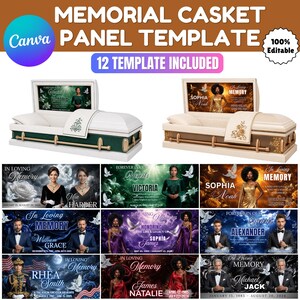 Könnte beinhalten: Eine digitale Sammlung von 12 Vorlagen für Sargpaneele mit anpassbaren Designs, die Text wie In Loving Memory, Namen und Daten enthalten. Das Set umfasst verschiedene Hintergrundthemen mit Tauben, Blumen und Porträts von Personen.
