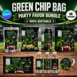 May include: A digital party favor bundle featuring a green football theme with the text James 15 Turning. The set includes a chip bag, drink pouch, beverage can, gift bag, candy bar wrapper, three water bottles, and a circular button pin design.