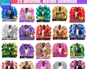 25歳の誕生日キングTシャツCanvaテンプレートバンドル、編集可能な発泡スチロールカップステッカーデザイン、男性用誕生日昇華PNG、カスタムパーティーシャツ