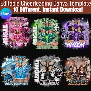 May include: A digital Canva template for cheerleading, featuring 10 designs. Each design showcases a team name, mascot, and cheerleaders in various colors. Text includes "Editable Cheerleading Canva Template" and "10 Different, Instant Download."