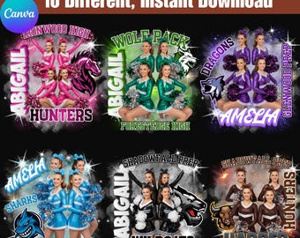 編集可能なチアリーディング用Canvaテンプレート10選、シニアナイト用Canvaデザイン、チームスピリットポスター、カスタムチアフォトテンプレート、デジタルダウンロード