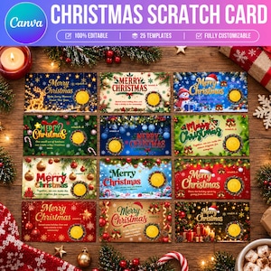 May include: A collection of twelve rectangular Christmas scratch cards featuring various holiday designs, including festive ornaments, pine branches, and snowmen. Each card displays the text Merry Christmas and a circular gold scratch-off area.