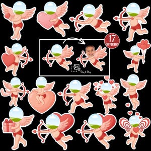 Puede incluir: Una colección de 17 pegatinas diferentes de Cupido, cada una con una pose y expresión únicas. Las pegatinas presentan un Cupido de dibujos animados con alas, arco y flecha, corazones y regalos. Los colores son rojo, rosa y blanco.