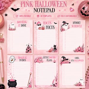 May include: A set of six pink Halloween-themed digital notepad templates featuring ghosts, pumpkins, and black cats. The text includes titles like Boo-King It Done, Hocus Focus, Spooky Schedule, Magical To-Do's, Little Boo Big Plans, and Chill It's Halloween.