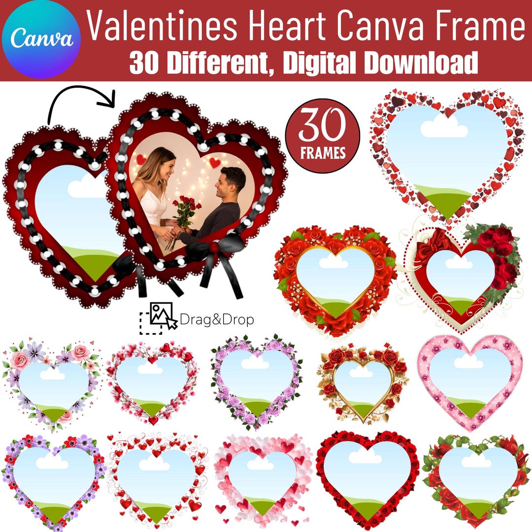 30 Valentines Day Heart Shape Canva Frame, Canva Drag & Drop Frame ...