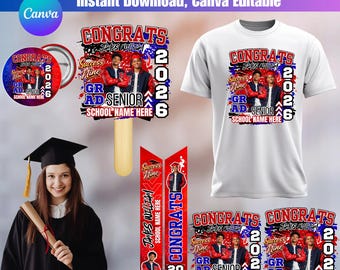 卒業パーティーバンドル 2026 Canva編集可能、全面シャツテンプレート、写真付き卒業ファンパドルボタンデザイン、赤と青の2026年卒業生