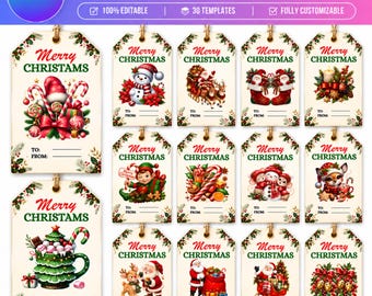 30 Christmas Gift Tags Canva Template, Editable Canva Gift Tags, Holiday Gift Tags, Christmas Labels, Printable Christmas Tags, Holiday Gift