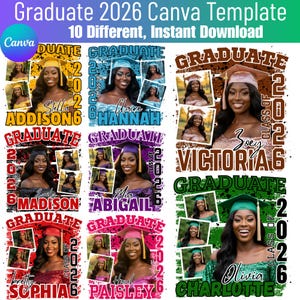 May include: A Canva template for 2026 graduates, featuring 10 different designs. Each design includes a photo of a graduate, the word "Graduate", the year "2026", and a name. The designs use various colors, including yellow, blue, brown, red, purple, and green.