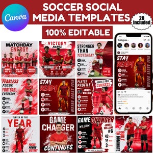 May include: A collection of twenty editable soccer social media templates featuring red and white color schemes, bold typography, and action-oriented imagery of soccer players. The designs include text such as Matchday Energy, Victory Awaits, and Player Profile.