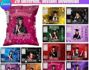 2026年卒業式用チップバッグCanva編集可能テンプレートバンドル、卒業パーティーの記念品ラベル、カスタムウォーターボトルラベル、お菓子バッグのラッピングデザイン