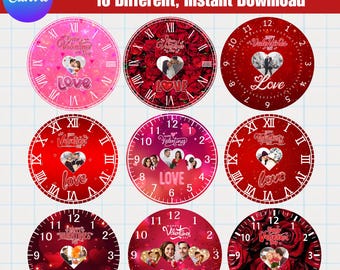 10 plantillas de reloj de San Valentín en Canva, relojes de pared, relojes románticos, plantillas de reloj decorativas en Canva, sublimación de San Valentín, descarga digital