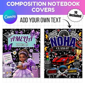 May include: Two digital composition notebook covers featuring customizable text. The left cover displays a girl in a purple dress with butterflies and flowers. The right cover features a red sports car, a trophy, and racing-themed graphics.