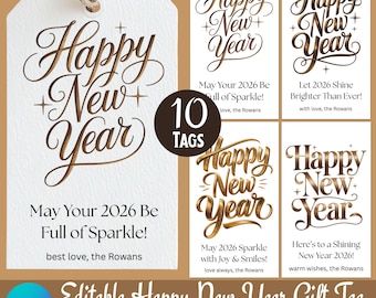 Happy New Year Gift Tag Canva Template, Printable New Year’s Eve Party Favor Tag, Editable NYE Gift Tags, Modern Minimalist Script Design