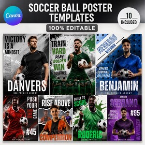 May include: A collection of ten editable soccer ball poster templates featuring various athletes in different colored jerseys holding soccer balls. The designs include bold typography, action-oriented text, and dynamic graphic elements for sports team promotion.