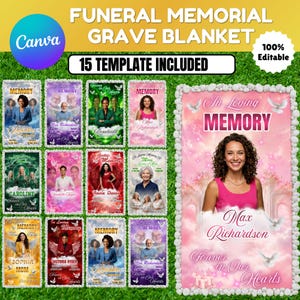 May include: A digital template for a funeral memorial grave blanket featuring fifteen customizable designs. Each rectangular layout includes space for photographs, names, dates, and the text In Loving Memory, set against backgrounds of clouds, doves, and skies.