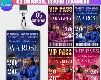 卒業式VIPパスCanvaテンプレート、2026年度卒業式編集可能バッジ、シニア写真付きIDカード、卒業パーティーアクセスパス、カスタム写真付き卒業式タグ