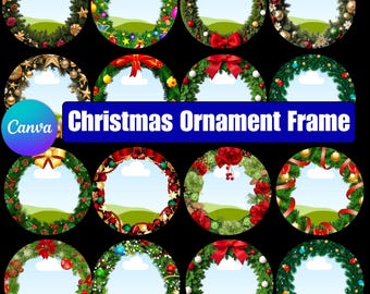 Christmas Photo Ornament Canva Template, Editable Holiday Photo Frame, Round Christmas Ornament PNG, Sublimation Ornament, Christmas Frames