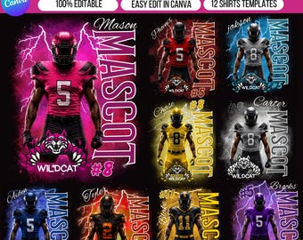12 Football Mascot Shirt Template, Editable Football Shirt Canva Template, Custom High School Sports Tee, Game Day Sublimation Bundle
