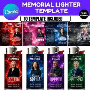 May include: A digital template for memorial lighters featuring ten customizable designs. Each design displays a portrait, a name, and dates against vibrant nebula backgrounds in red, blue, purple, and green, with text reading In Loving Memory.