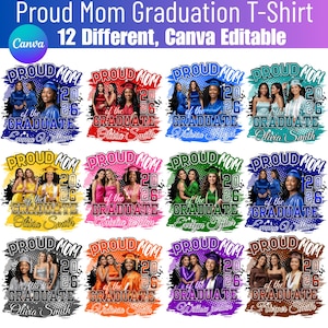 May include: A collection of 12 Canva-editable graduation t-shirt designs. Each design features the text "Proud Mom of the Graduate" with the year "2026" and a graduate's name, in various color schemes.
